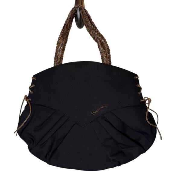 Braccialini Tua Canvas Beaded Studded Black Tote Embellished Leather Detail - Picture 6 of 10